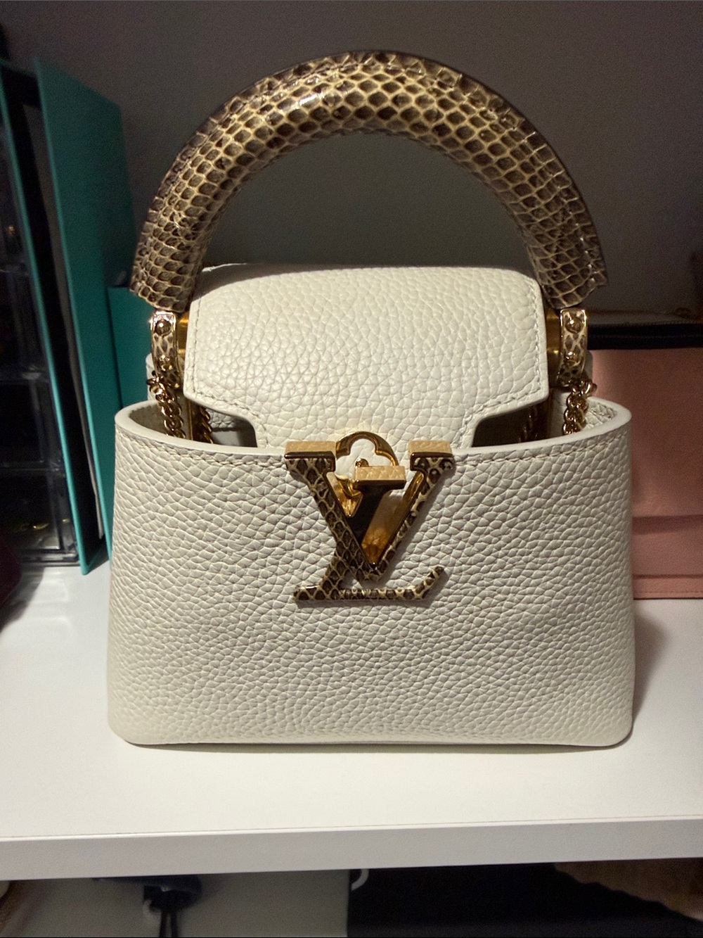 Louis Vuitton Cream Top Handle Capucines with Gold & Brown Accents